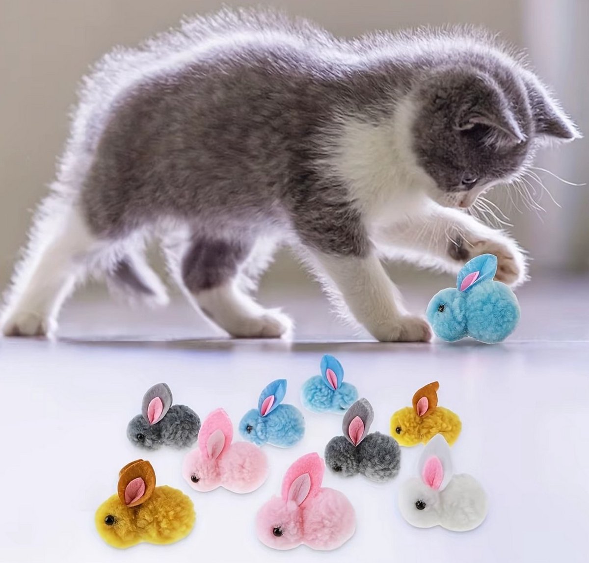 Kattenspeelgoed – 10 stuks pluizige konijntjes