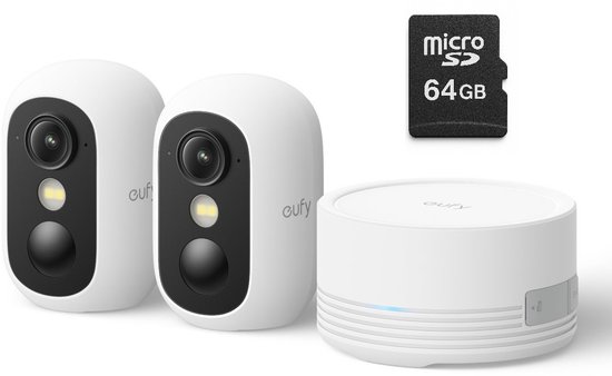 Twee witte eufy beveiligingscamera's, een basisstation en een 64GB microSDXC-kaart.