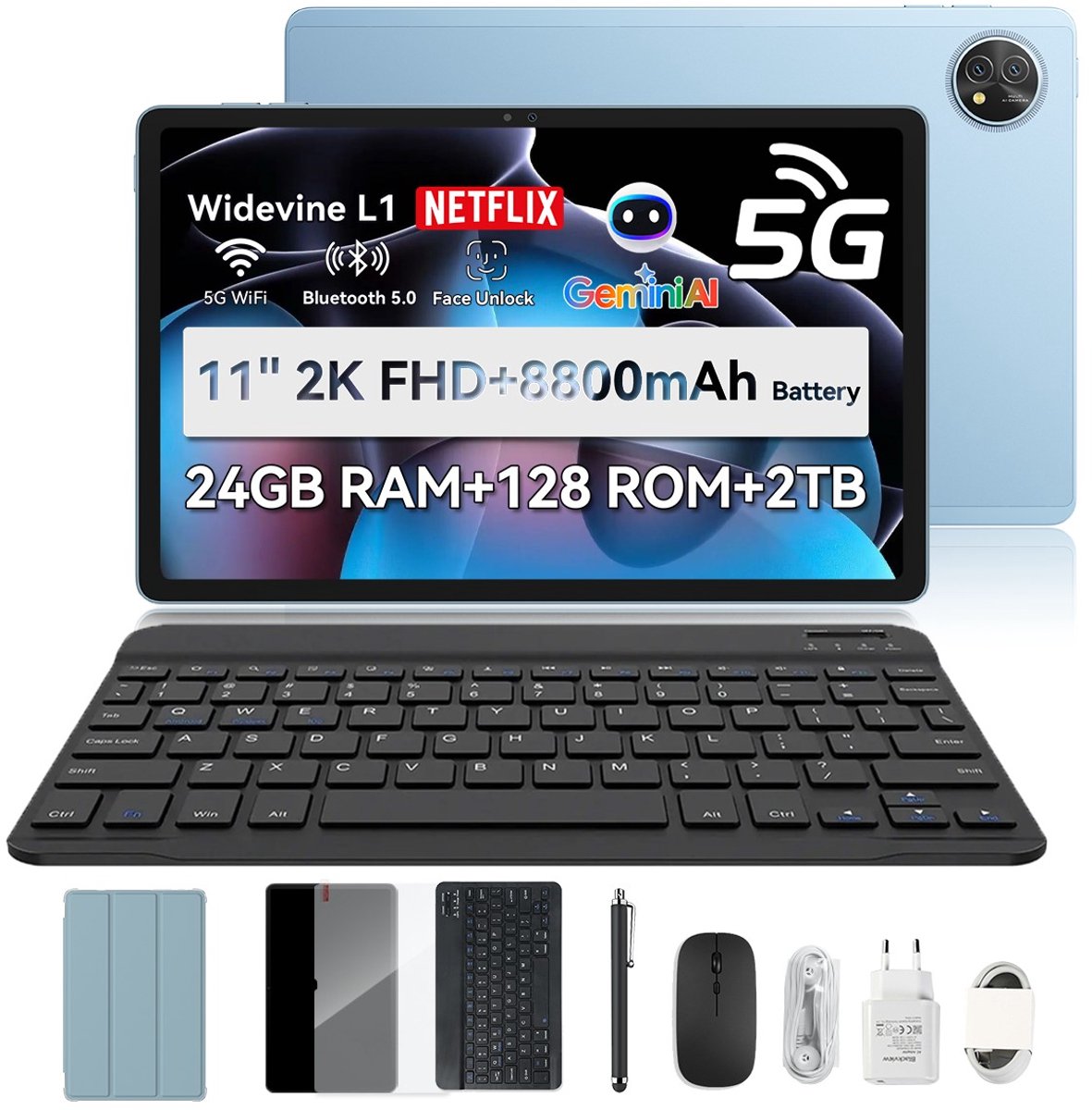 Blackview Zeno 10 tablet, 11 inch FHD 1920 * 1200, 5G Android 15 Gemini AI Unisoc T8200, 24 GB RAM + 128 GB ROM, 8800 mAh, pc-modus, Widevine L1, gezichtsherkenning, 16 MP + 13 MP, GPS, OTG, gamingtablet met toetsenbord en styluspen
