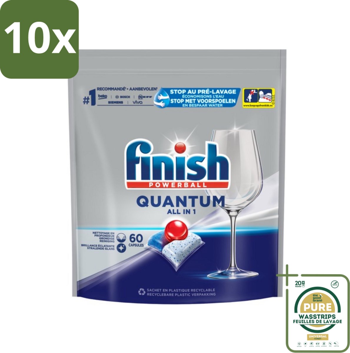 10 x Finish – Vaatwastabletten – Quantum All-in-1 – 60 Capsules - Grootverpakking - Vaatwastabletten - Vaatwassen - Reiniging - Glans - Vet Verwijderen