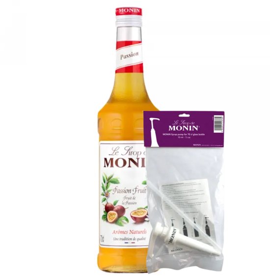 Monin Passion Fruit siroop in glazen fles met een rode dop en witte band. Ook inbegrepen is een pompje en instructies.