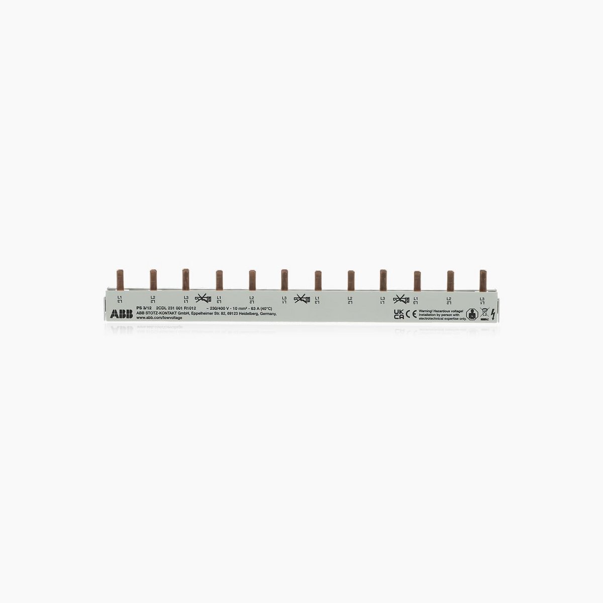 3-fasige pen-fasenrail, compact en aflangbaar, 10 mm², 12 verdelingseenheden voor zekeringsautomaten