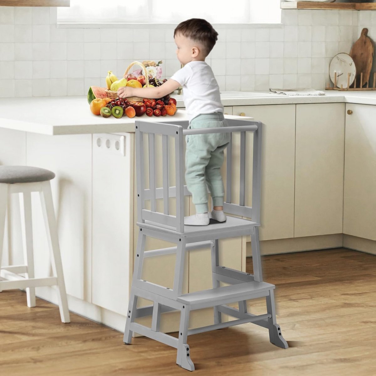 Leertoren voor kinderen vanaf 18 maanden – Kinderstoel van bamboe met kantelbeveiliging en antislipmatten – Veilig en veelzijdig voor badkamer, kinderkamer en keuken – Grijs