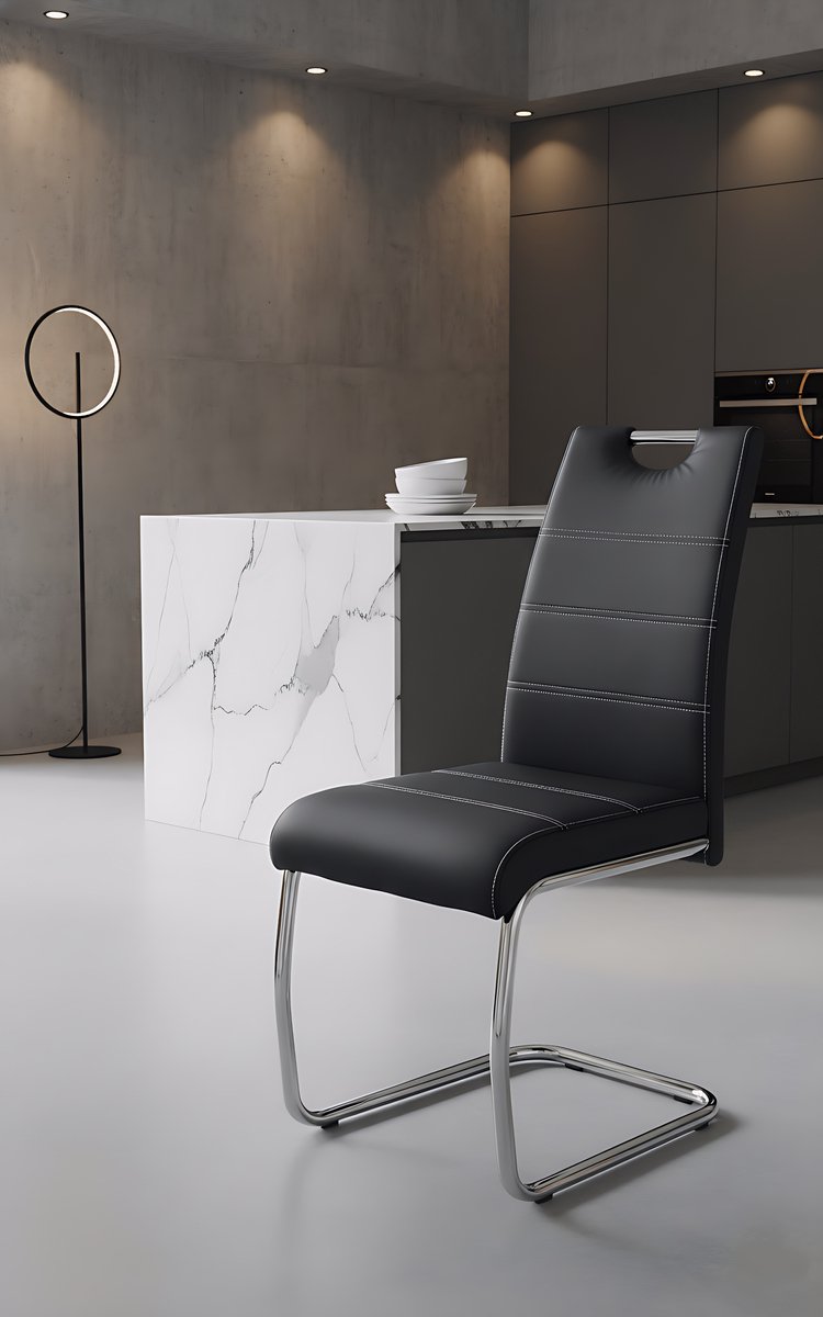 Eetkamerstoelen Set van 2 – - 59x43x98 cm - Zwart - – Kunstleer Zwart – Ergonomische - Med
