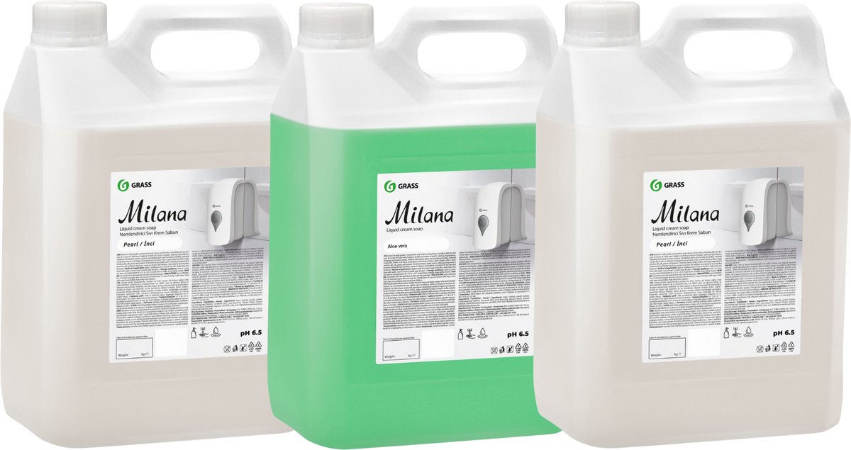 Grass Milana Crème Handzeep Set – Pearl & Aloe Vera Geur – Hydraterend & Verzachtend – 3×5 Liter Navulling voor Dispensers