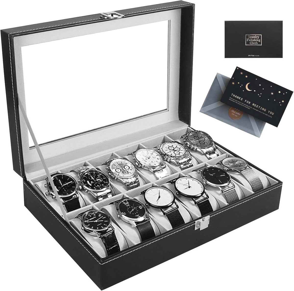 Regelbare Horlogedoos met 12 Compartmenten en Glazen Deksel - Perfecte Organizer voor Mannen en Vrouwen