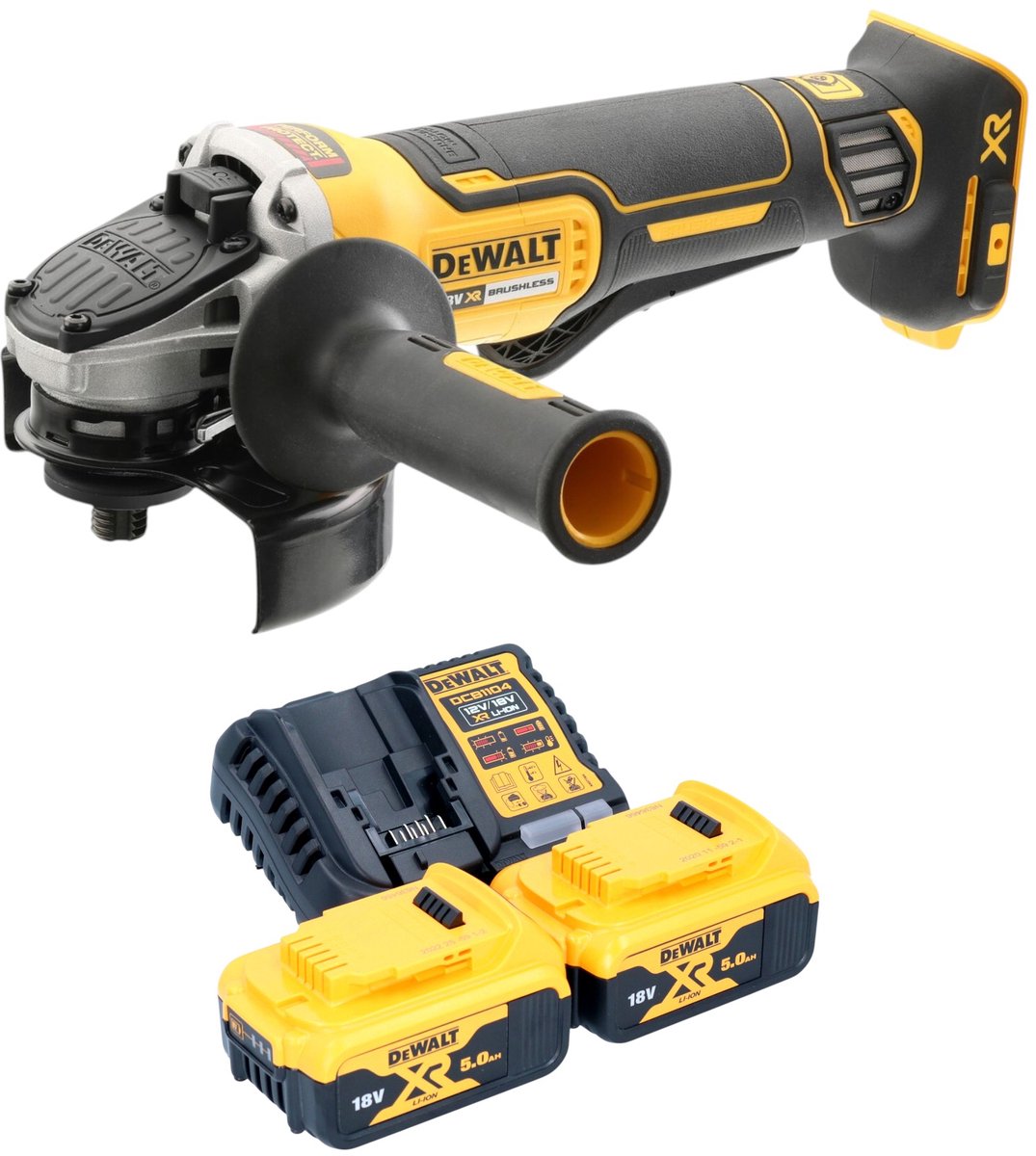 DeWalt DCG 406 P2 accu haakse slijper 18 V 125 mm borstelloos + 2x accu 5,0 Ah + oplader