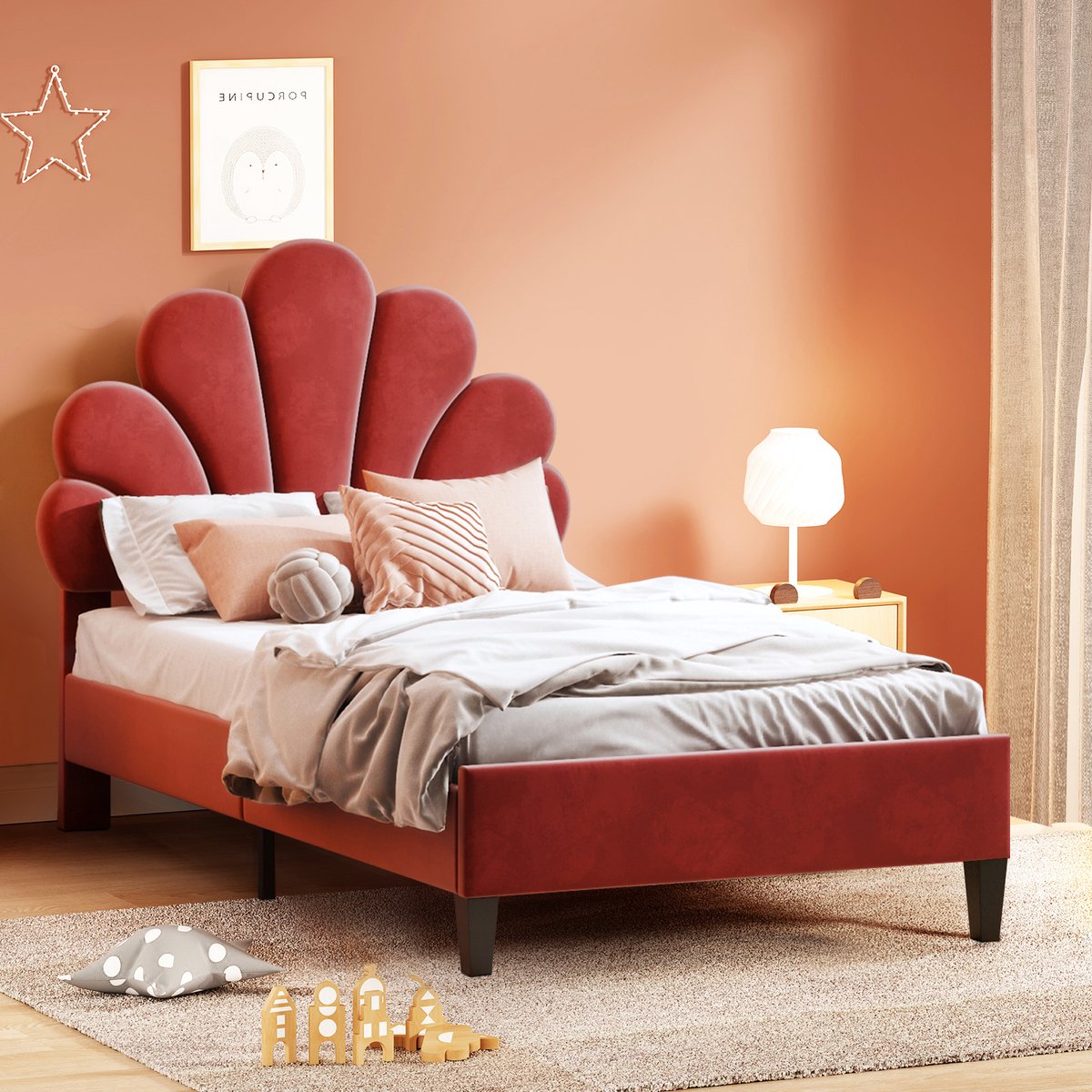 ROSAHQNDA Gestoffeerd bed met bloemvormig hoofdbord en lattenbodem - 90x200 cm, Kinder eenpersoonsbed in Velet stof voor kinderen, zonder matras, Wijnrood