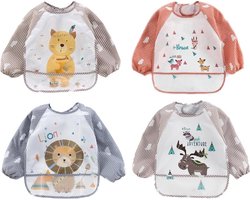Set van 4 Slabbetjes met Lange Mouwen en Brede Opvangbak – Eland/ Leeuw / Hert / Kat – 1 tot 4 jaar