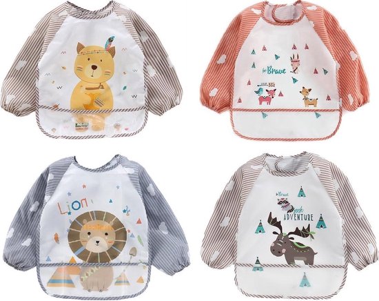 Set de 4 Bavoirs à manches longues avec large bac de récupération – Motifs : élan, lion, cerf, chat – 1 à 4 ans