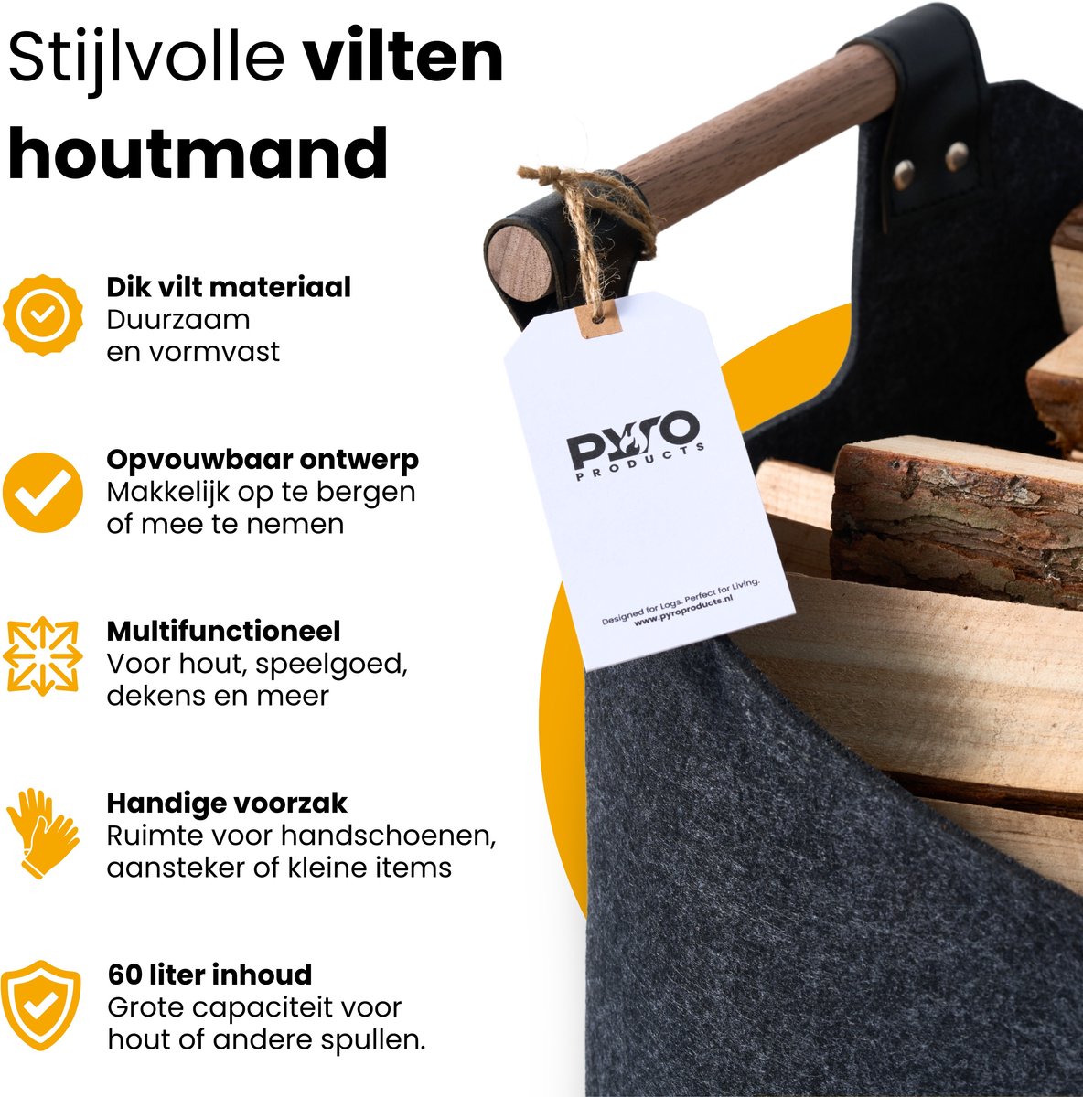 PyroProducts Opbergmand van Vilt - Houtmand voor Haardhout, Dekens & Speelgoed - Wasmand - 60 liter - Antraciet — cadeau in Wonen & Interieur - foto 7