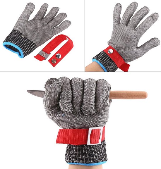 Metalen handschoen met rode polsband, blauwe rand, en een bijpassend bandje.
