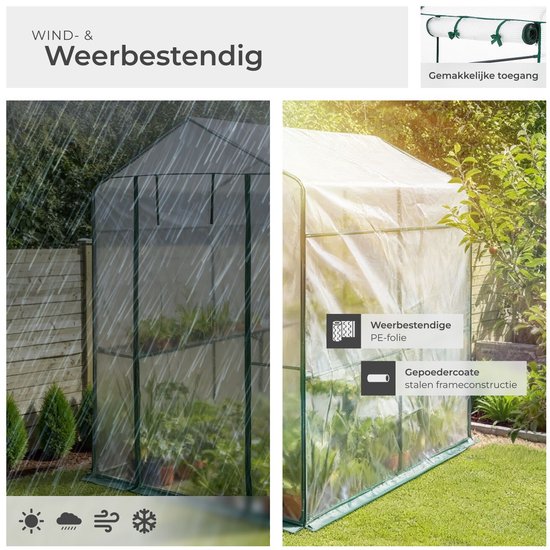 Een witte hobbykas in de regen en zon, met weersbestendige PE-folie en groen frame.