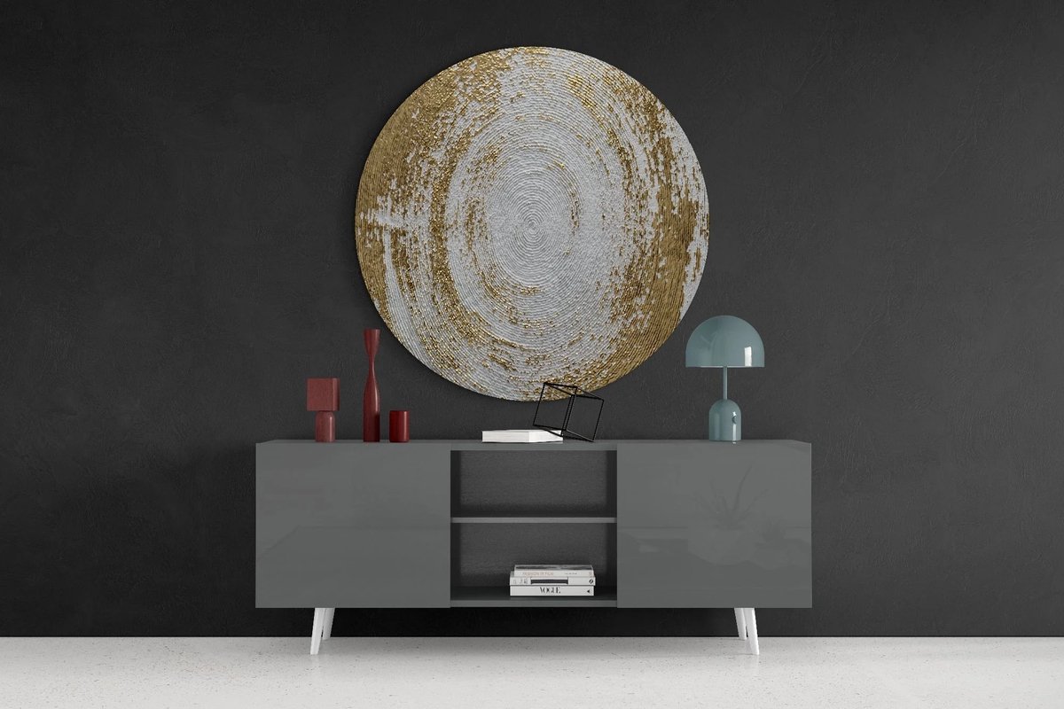 Insigne Art Rond Glasschilderij – Abstract Goud en Wit Textuur – Luxe Moderne Wanddecoratie - 60cm
