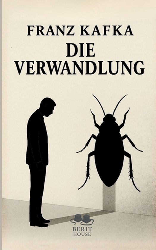 Boek 'Die Verwandlung' van Franz Kafka met een silhouet van een man en een grote kever.
