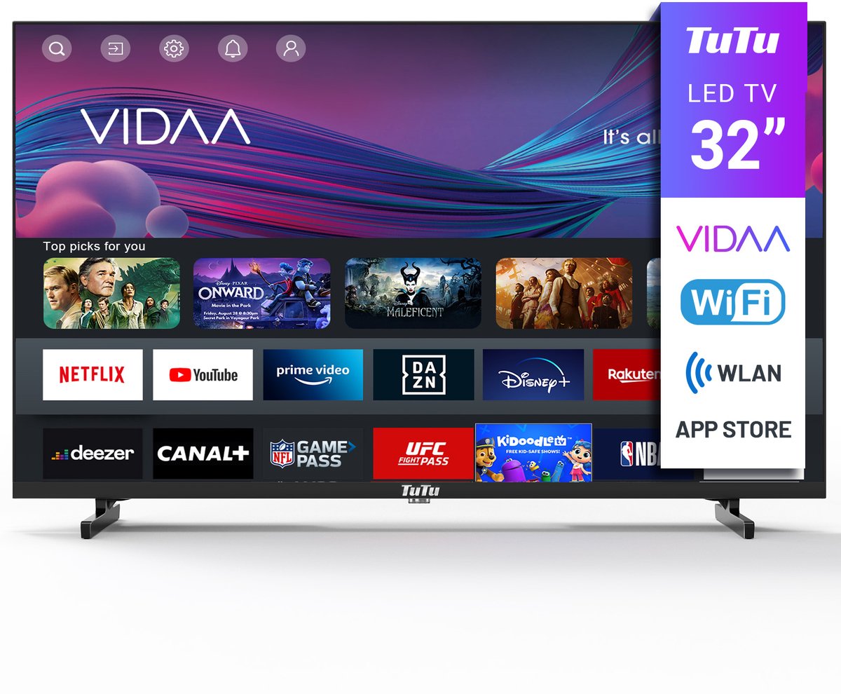 TuTu Vidaa TV - LED HD - 32 inch/82 cm - Frameless Design - Tripple Tuner DVB-T/T2/S/S2/C - HDMI x3, USB x2, CI+ - Streaming apps - In Eindhoven geassembleerd - TUV32HQ1B - TuTu - €129,99