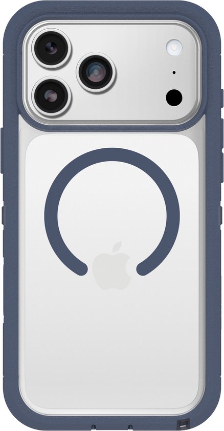 Blauw en doorzichtig Otterbox hoesje voor iPhone 17 Pro Max, achterkant met Magsafe cirkel.