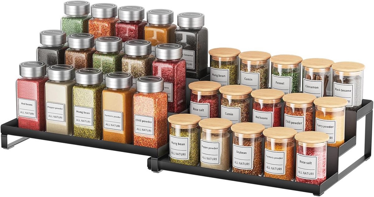 Kruidenrek voor Keuken - Uittrekbaar en Stapelbaar - Set van 2 met 3 Planken - Zwart Metaal