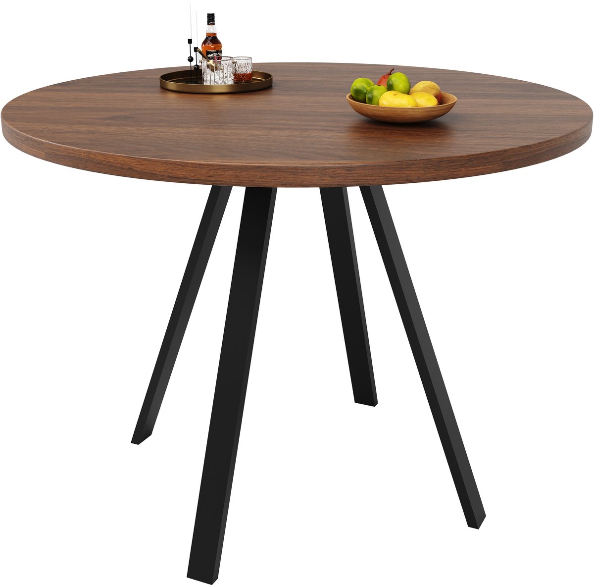 MODFU Rond eettafel 80x80x75 cm van MDF en metaal, walnootkleurig blad en zwarte poten, geschikt voor 4