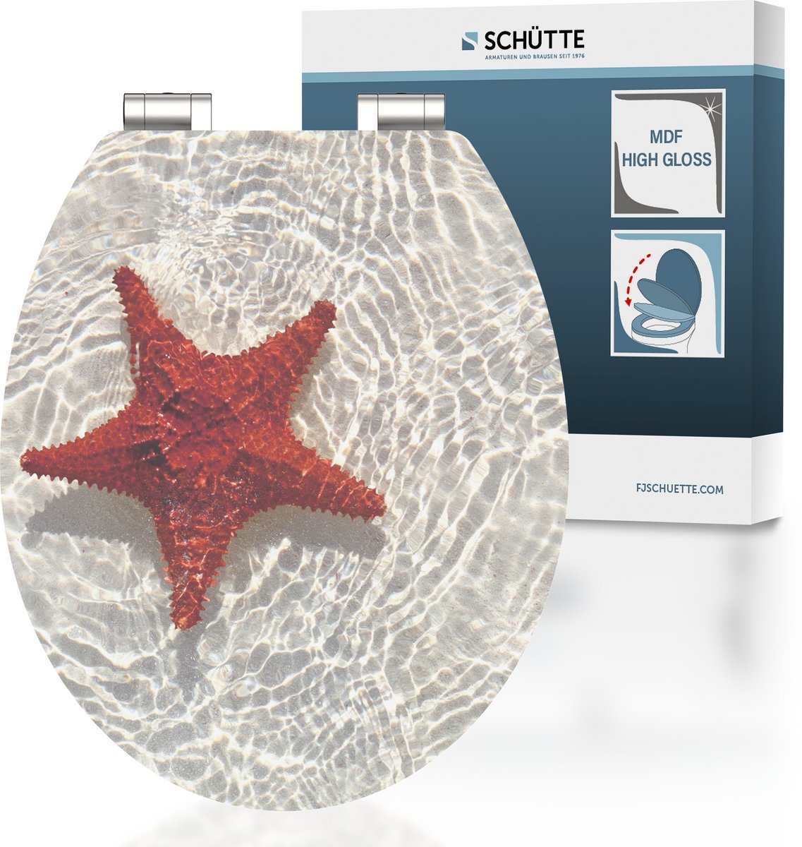 SCHÜTTE WC-Bril 80541 RED STARFISH - High Gloss - MDF-Hout - Soft Close - Verchroomde Scharnieren - Belastbaar tot 175 kg - Decor - 1-zijdige Print