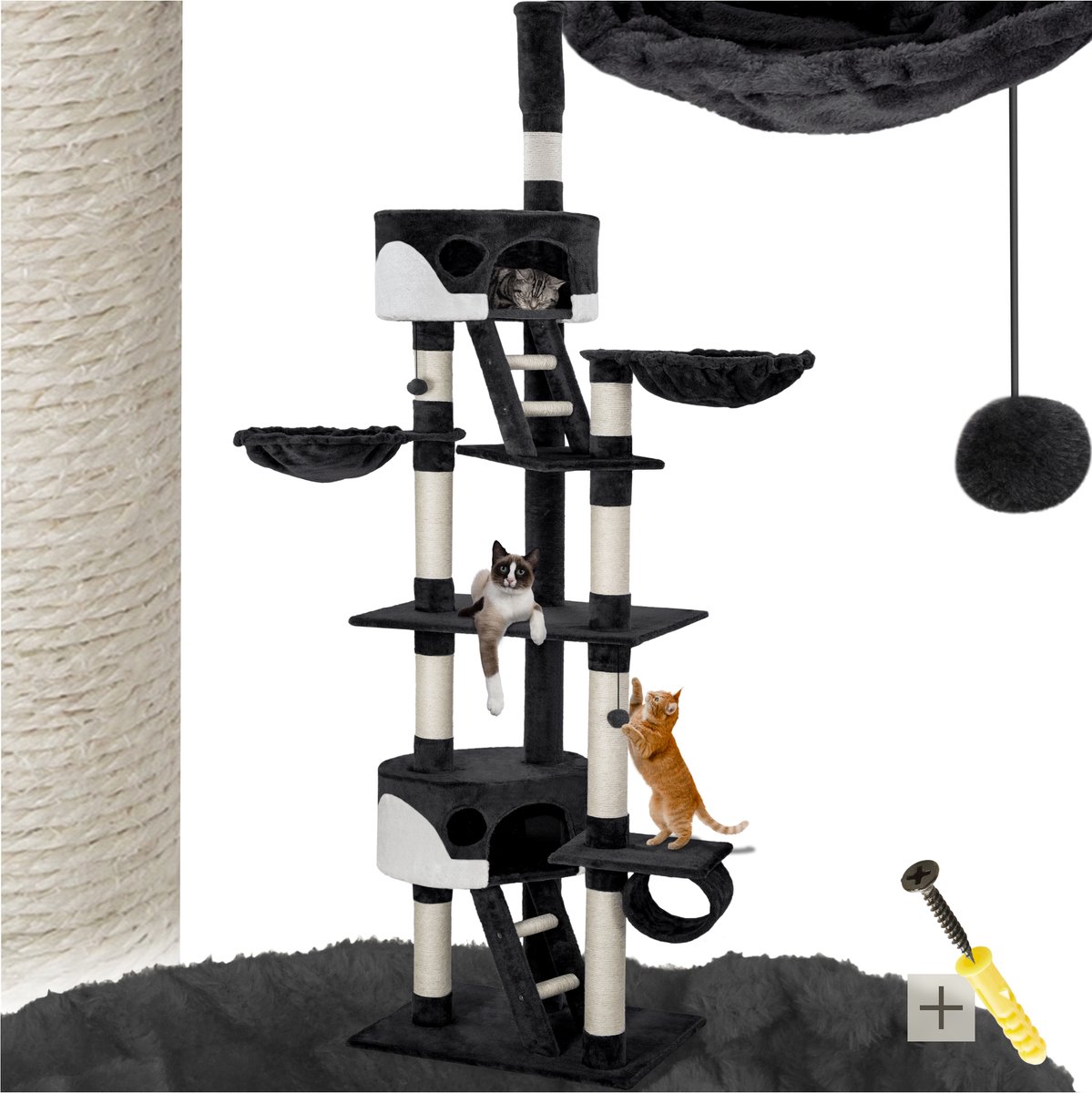 Bol.com tectake® Kattenkrabpaal XXL – Plafondhoog 243-260cm – Verstelbare Krabpaal met Trap, Grot, Buis, Ligmandjes en Sisalzuil... aanbieding