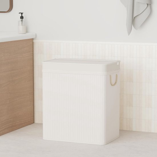 WohnDirect Wasmand met deksel en 2 compartimenten, stabiel, lichtgrijs, met waszak, wasbaar, 100% bamboe, 104 liter