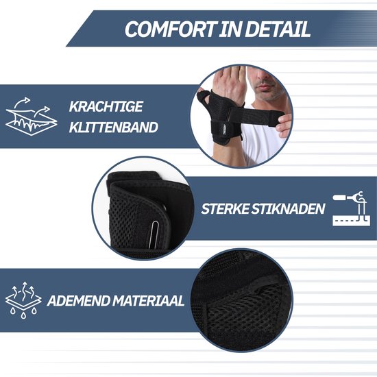 Zwarte duimbrace met klittenband, sterke stiksels en ademend materiaal. Getoond op de pols van een man.