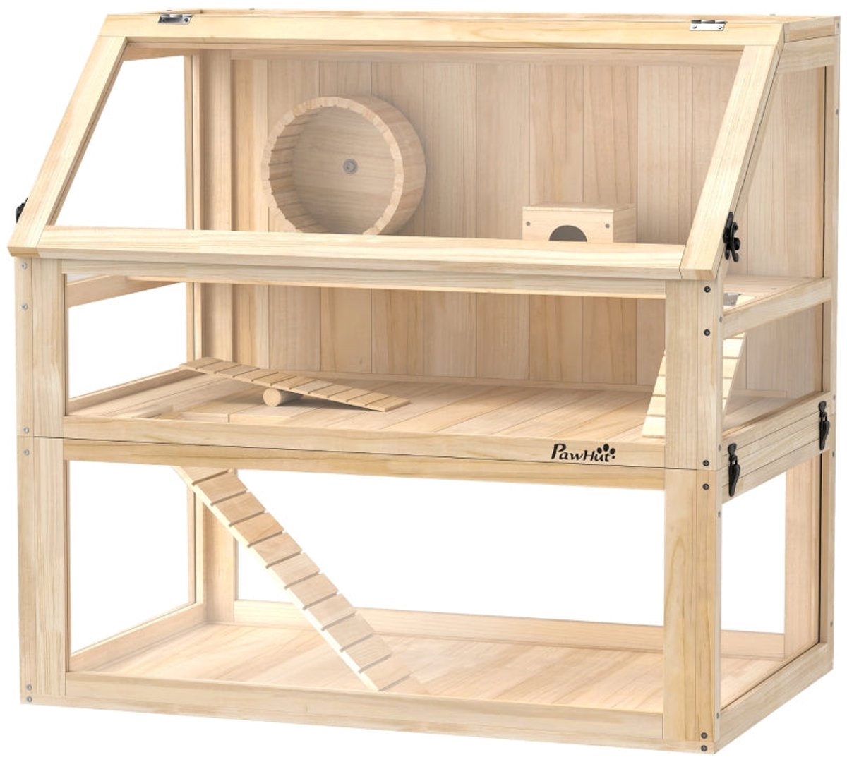 Merax Houten Hamsterkooi - 3 Verdiepingen - 80 x 50 x 76 cm - Natuurlijke Houtkleur - Met Draaideksel en Accessoires