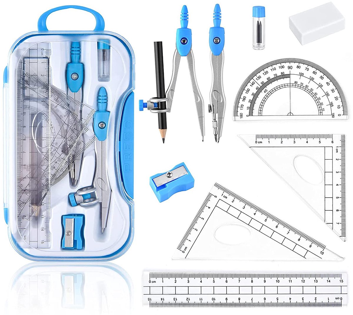 IMPERATORIS® Geometrie Set - Geodriehoeken & Passer Set - Schoolpasserset met Potloodvullingen, Gum, Linialen en Accessoire Voor Studenten - 8 delig
