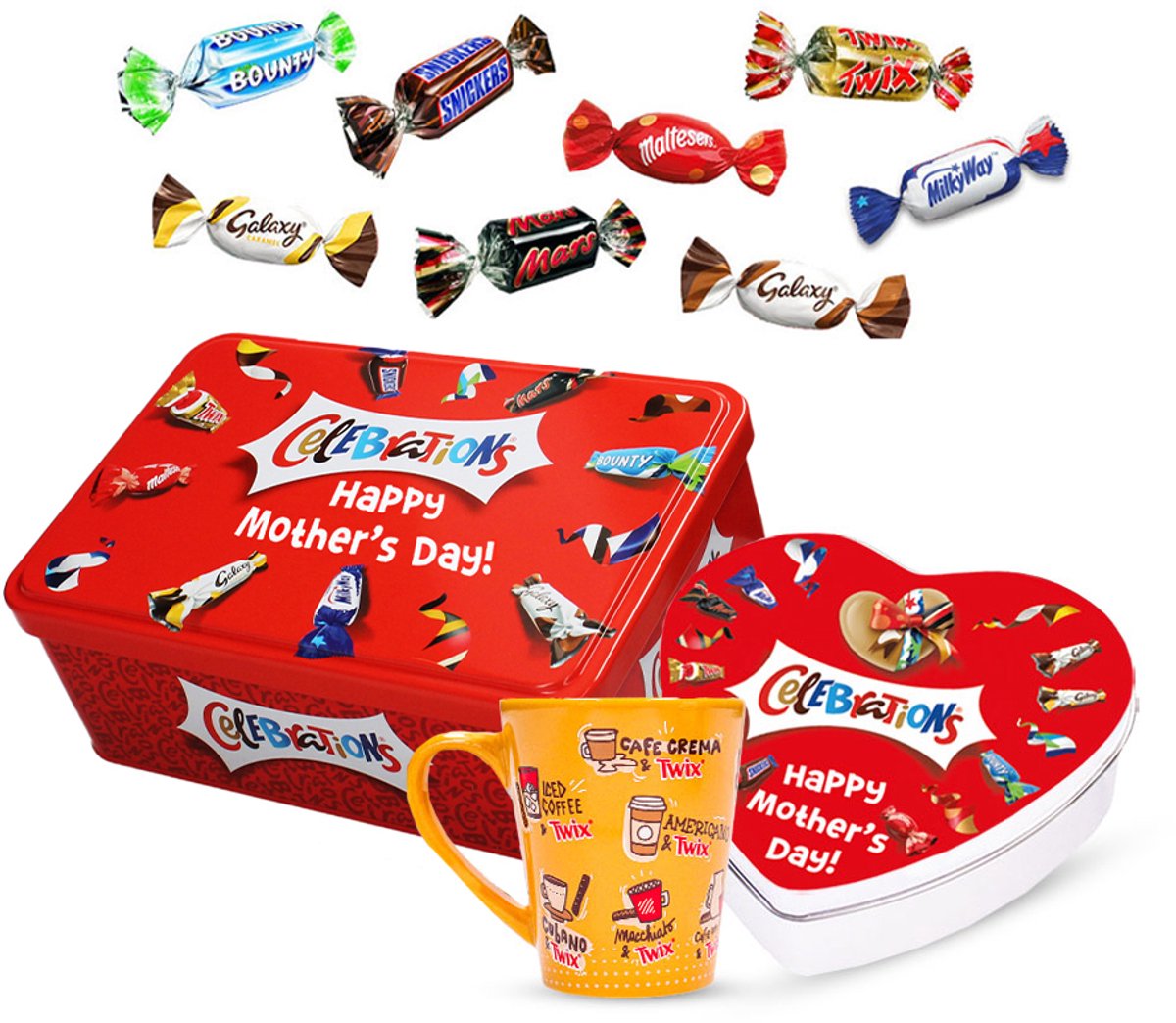 Mars Celebrations Moederdag giftbox pakket met Twix mok - "Happy Mother's Day!" - Twix, Snickers, Mars, Bounty, Galaxy, Maltesers, MilkyWay - 520g