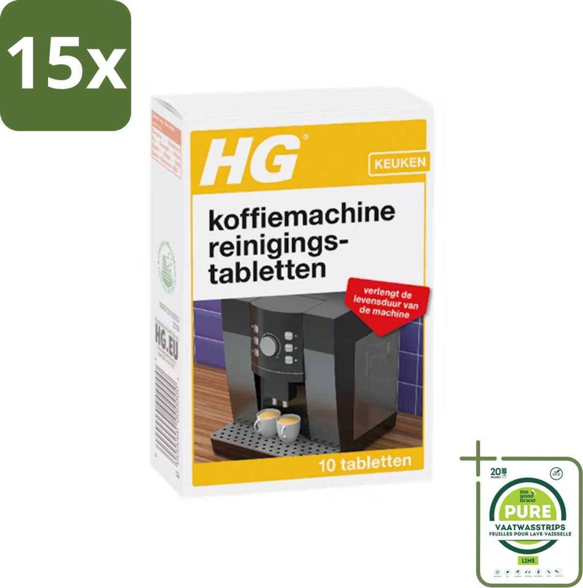 15 x HG - Keuken - Koffiemachine Reinigingstabletten - 10 Tabletten - Grootverpakking - Koffiemachine Reiniging - Koffiemachine Ontkalken - Koffievet Verwijderen - Koffiemachine Onderhoud - Koffiemachine Schoonmaken