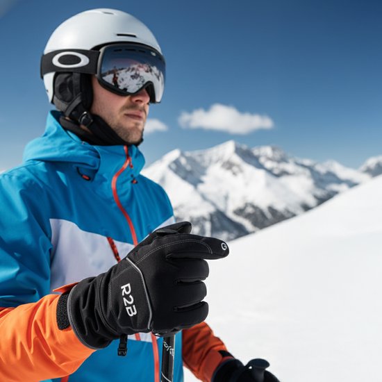 Man met skihelm en skibril draagt zwarte R2B handschoenen.