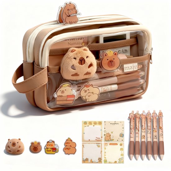 Foto: Namajunas capibara etui pennenzak jongens en meisjes etuis voor school met 6 capybara pennen capybara knuffel 5 lagen school spullen