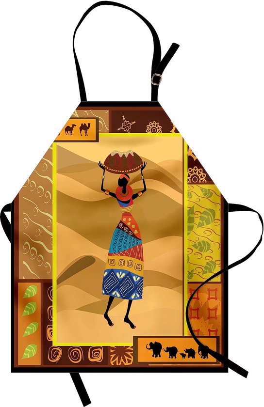 ABAKUHAUS Tablier de cuisine pour femme africaine avec des motifs décorés inspirés par la nature – chameaux et éléphant; dame élégante avec cruche; résistant à la couleur, hauteur réglable, lavable; impression numérique claire, multicolore