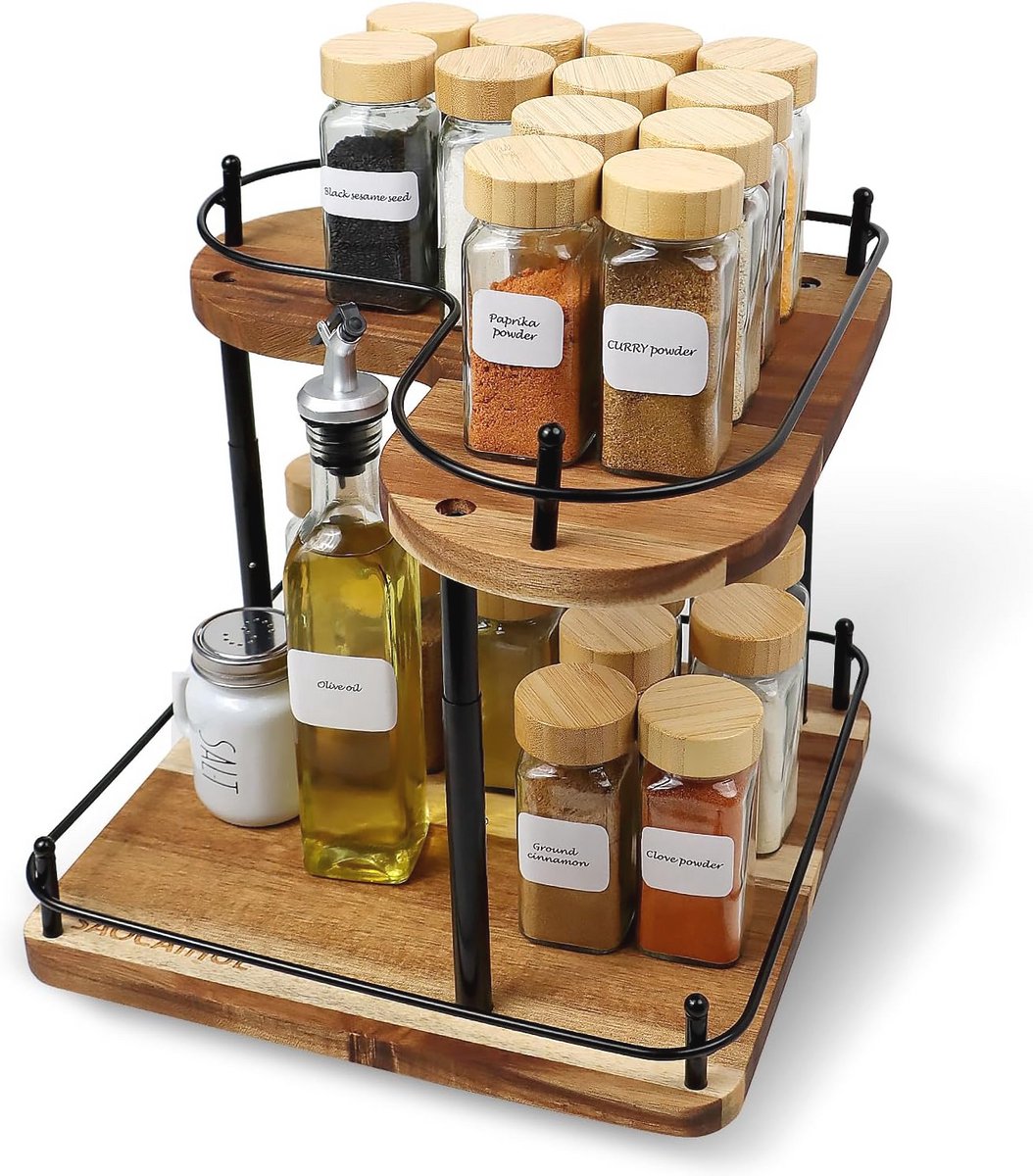 Houten Kruidenrek Organizer Roterend voor Keuken - 2 Gelaagde Display Plank met Verstelbare Hoogte en Grote Capaciteit