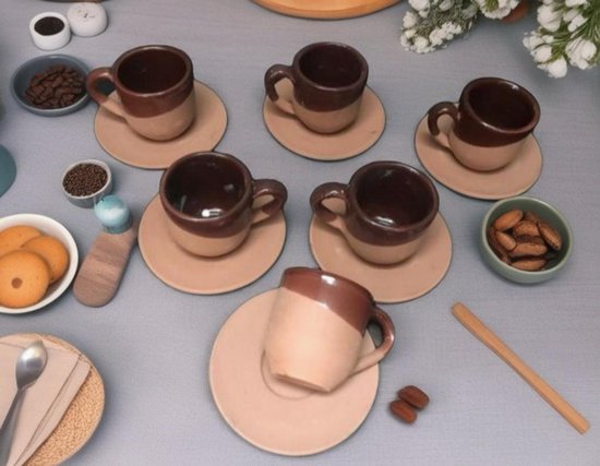 Service à expresso en céramique artisanale - tasses et soucoupes - 6 pièces - marron - compatible lave-vaisselle