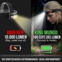 Links: Lampe frontale 'anderen' met lege batterij. Rechts: King Mungo hoofdlamp met volle batterij en heldere lichtstraal.