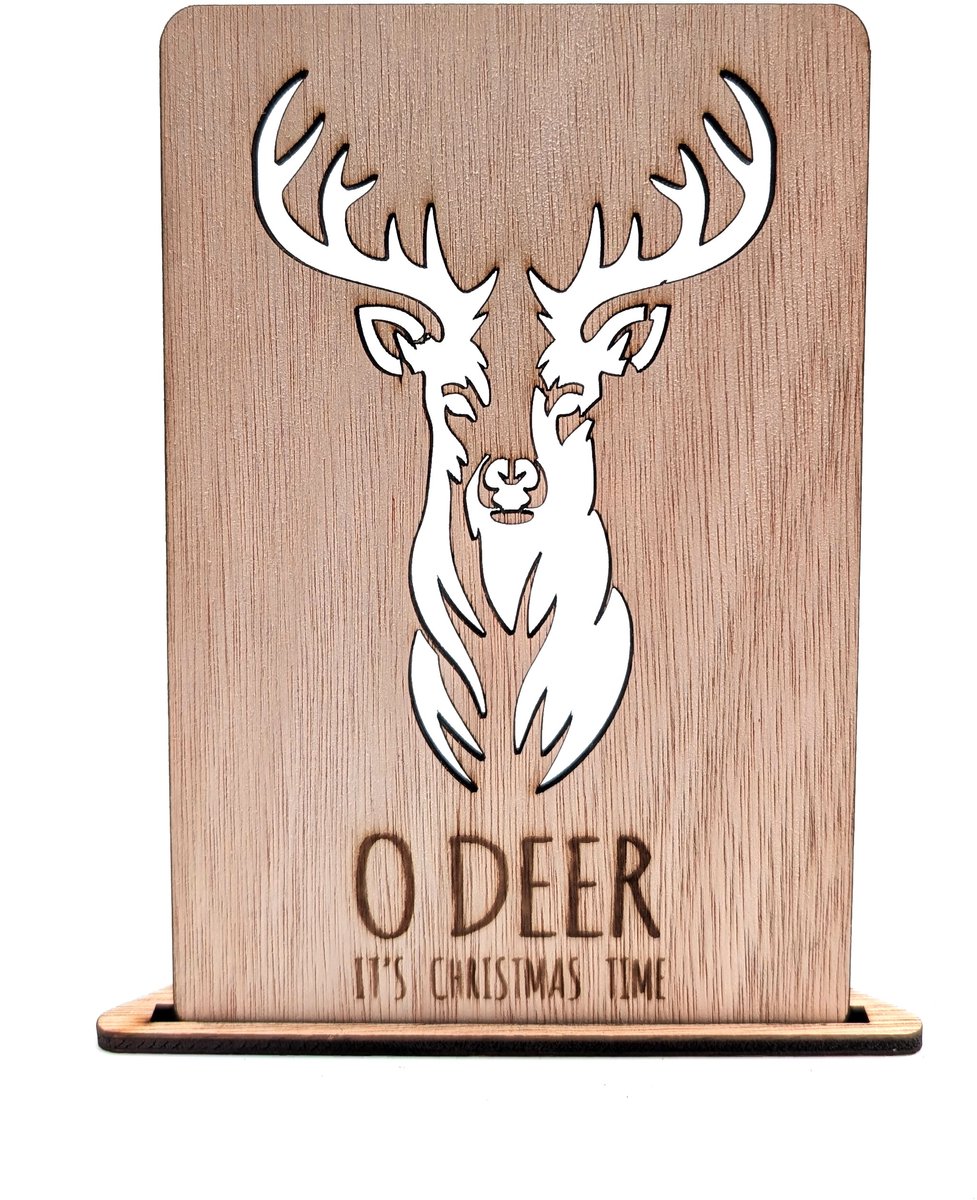 Houten kerstkaart – O Deer kerstkaart – hert uitsnede – kerstkaart met envelop – luxe kerstkaarten