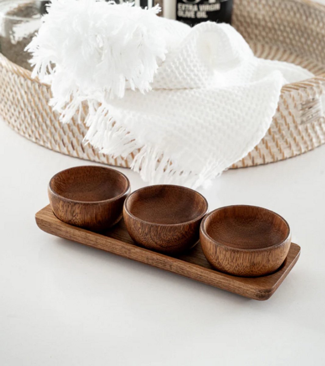 Zoha Acaciahouten Bedum Set – Dip & Snackschalen – 3 Mini Kommen op Dienblad – Handgemaakt – 20,3 cm