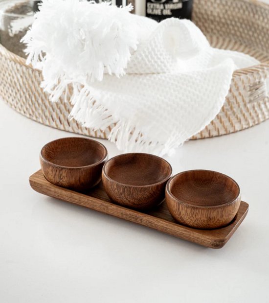 Set de 3 Mini Bols en bois d'acacia Zoha – Bols à sauce et à apéritif – Plateau – Handgemaakt – 20,3 cm