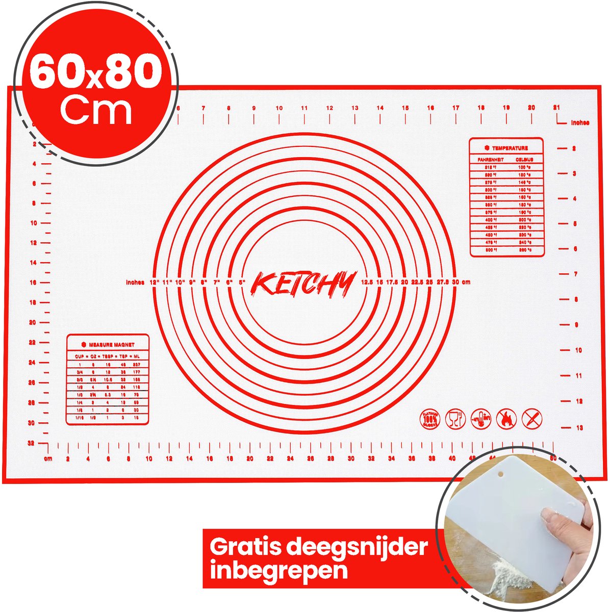 Ketchy Siliconen Deegmat 60x80 cm – Bakmat met Maataanduiding – Anti-aanbak & Antislip – Voor Deeg, Pizza, Brood & Gebak – BPA-vrij & Herbruikbaar