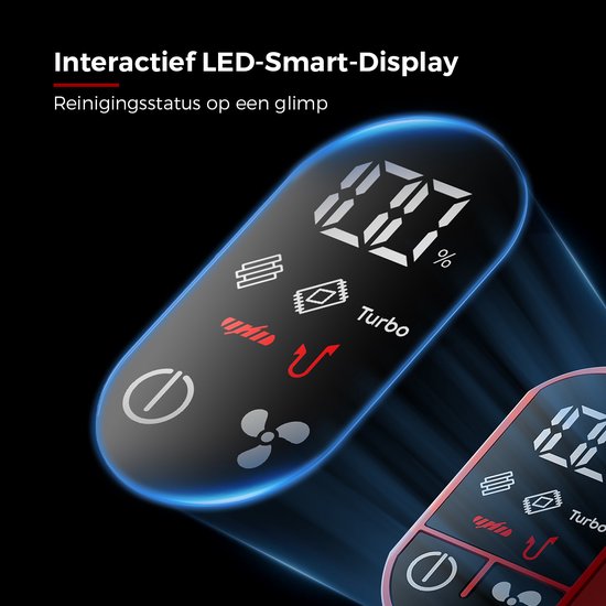 Interactief LED-smartdisplay van de rode en zwarte steelstofzuiger met weergave van batterijniveau en turbomodus.