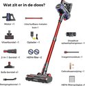 Inhoud van de doos: rode steelstofzuiger, motor, buis, lader, ophangsteun, vloerborstel, 2-in-1 borstel, sofa-borstel, reinigingsborstel, HEPA-filters, voegenmondstuk, gebruiksaanwijzing, HEPA-filteropslag.