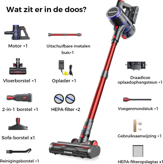 Inhoud van de doos: rode steelstofzuiger, motor, buis, lader, ophangsteun, vloerborstel, 2-in-1 borstel, sofa-borstel, reinigingsborstel, HEPA-filters, voegenmondstuk, gebruiksaanwijzing, HEPA-filteropslag.