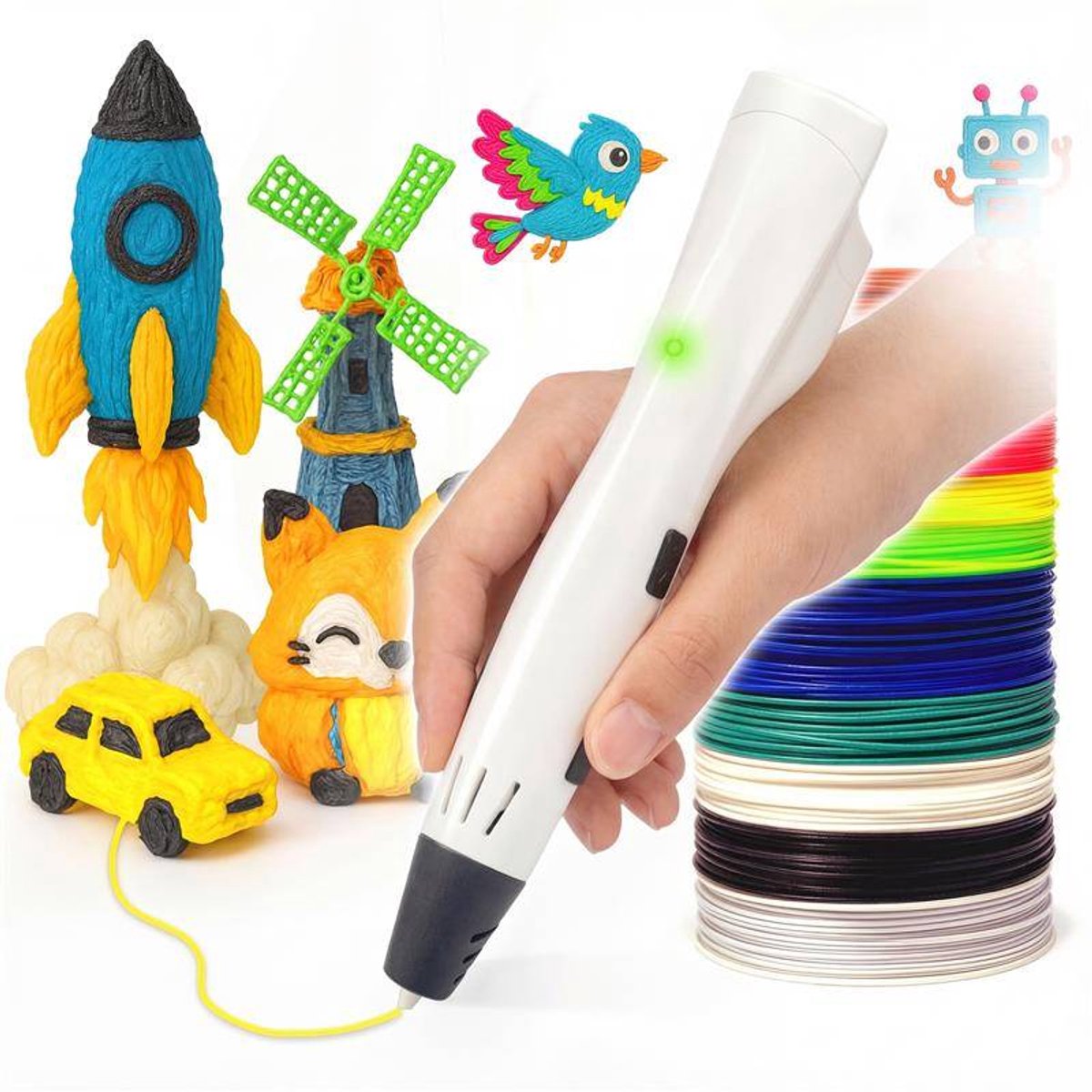 3D&Print 3D Pen Starterspakket XXL - Teken in de Lucht - Tekenset met 5x Sjablonen, 10x PLA Filament 1.75 mm - Educatief Speelgoed - Leren Tekenen - DIY Knutselen - 3D Printer - Cadeau voor Jongens en Meisjes - 3D-Pennen Navullingen - Wit