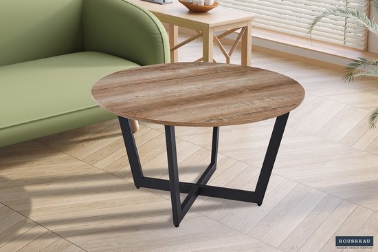 Table basse vintage Carmen | Décor vieux chêne | H 45 x L 80 x P 80 cm - Rousseau - Tables basses rondes - Brun - MDF|Métal - Tables basses rondes