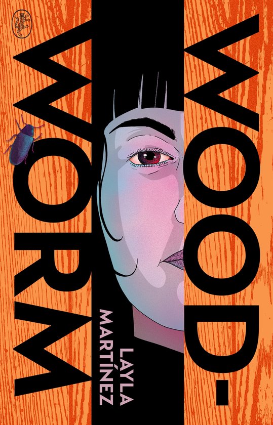Boekomslag met een deel van een gezicht, de tekst 'WOODWORM' en een kever.