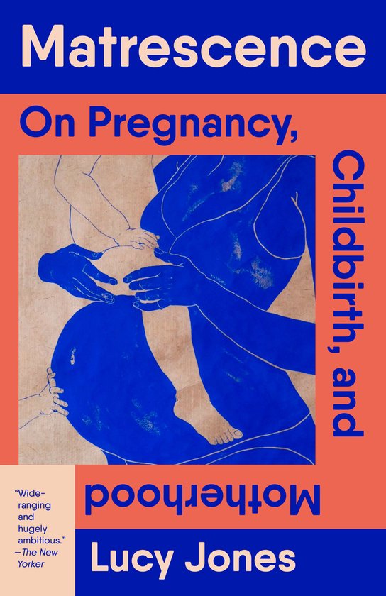 Livre intitulé Matrescence sur la grossesse, l'accouchement et la maternité, avec une illustration bleue d'un ventre enceinte.