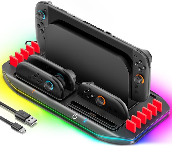 Zwarte Nintendo Switch 2 met 2 Joy-Cons op een oplaaddock met veelkleurige LED-verlichting.