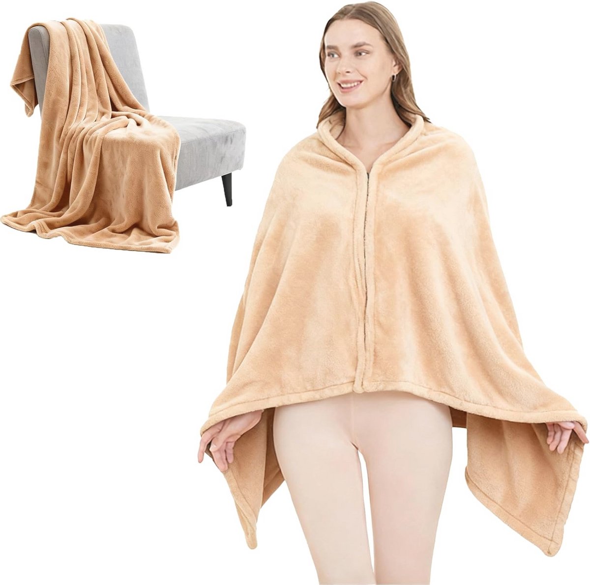 Draagbare fleece deken voor dames en heren - 152 x 84 cm - comfortabele poncho-plaid voor thuis, reizen en kamperen